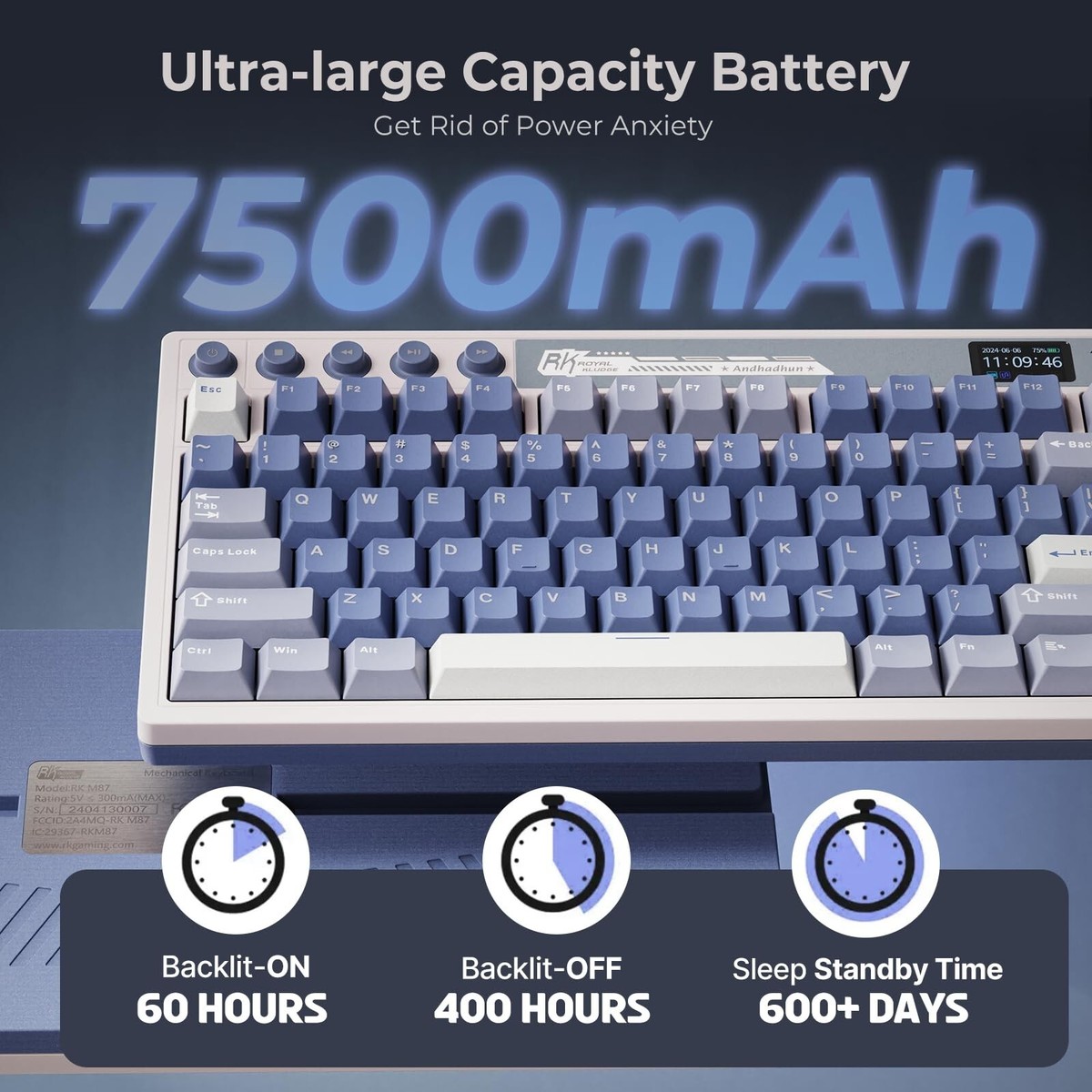 RK ROYAL KLUDGE M87 Wireless Gaming Keyboard with Screen and Dual