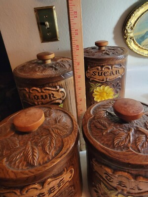 VINTAGE TREASURE CRAFT CANISTER SET OF 4 1960s CERAMIC BROWN WOOD