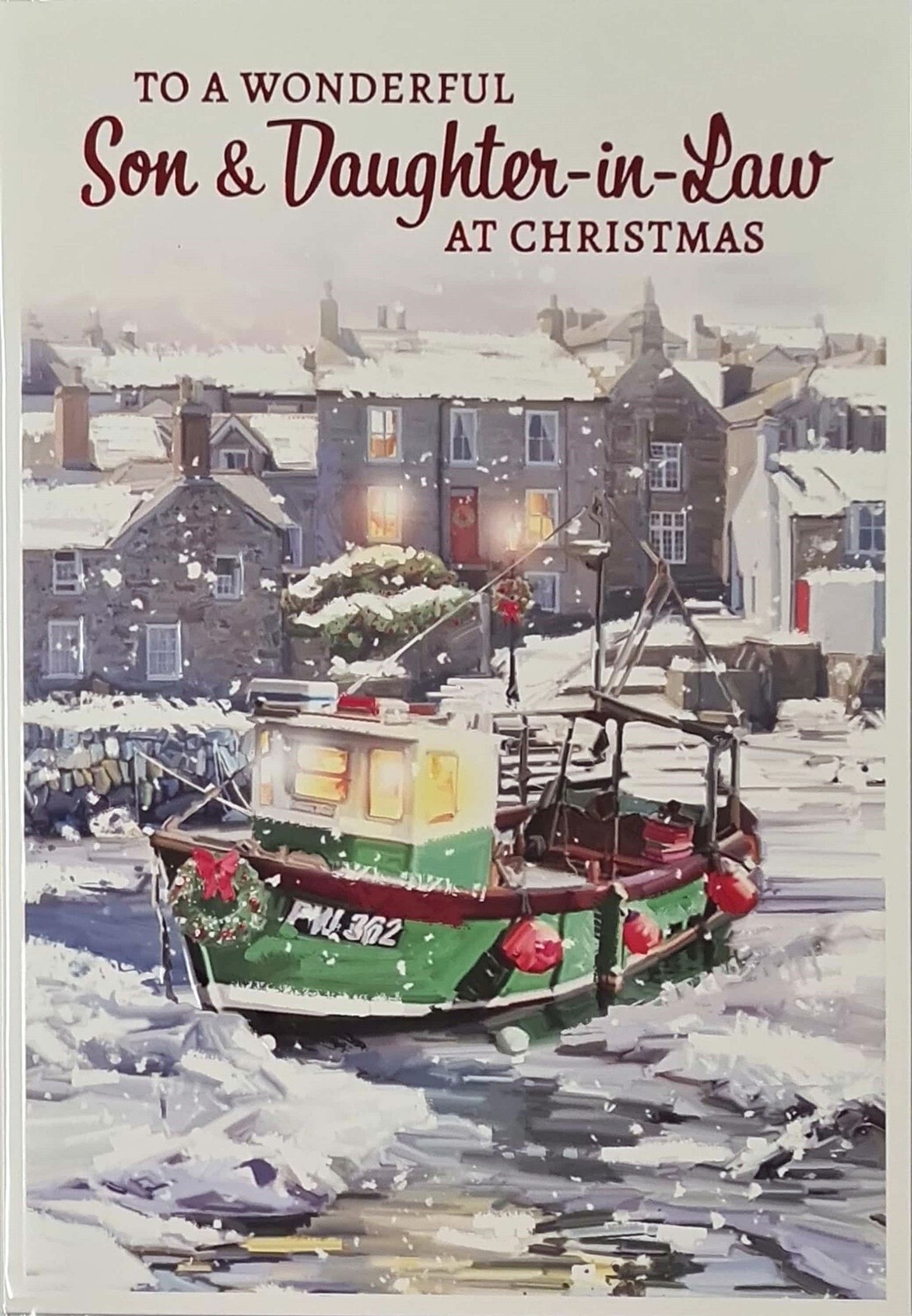 Christmas Card To A Wonderful Son and Daughter-in-Law Green Boat Dock Snow Foil