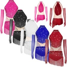 Womens Bodysuit Ballet Dress Back Leotard Mesh Latin Dance Gloves Ballroom