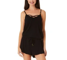 MSRP $30 California Waves Juniors Tie-Waist Swim Cover-Up Romper Black Size XL