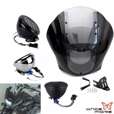 For Harley Motorcycle Round Front Fairing Windshield W/ 5.75'' LED Headlight Kit