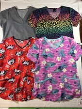 Lot of 4 Women's Scrub Tops - Solid  Character Prints - Various Brands XS  SM