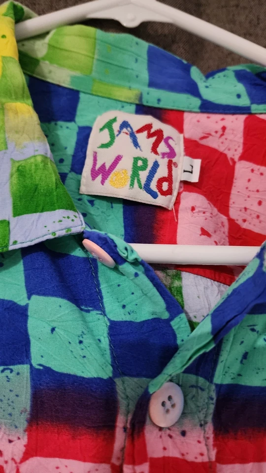 Jams World Vintage Men's Size Large Neon Colorful Geometric Button Front Shirt - Image 4 of 4