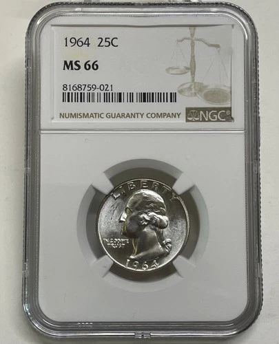 1964 Washington Quarter 25c NGC MS 66 Mint State Uncirculated Coin