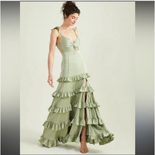 Altar'd State Alana Marie Basil Green Tiered Ruffle Maxi Dress, Size Large