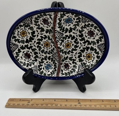 New 8  X 5  Blue Floral Ceramic Oval Divided Dish West Bank Palastine