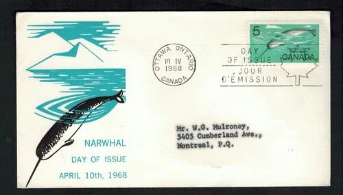 Canada #480, 1968 5¢ Narwal MF, on Caneco cachet FDC