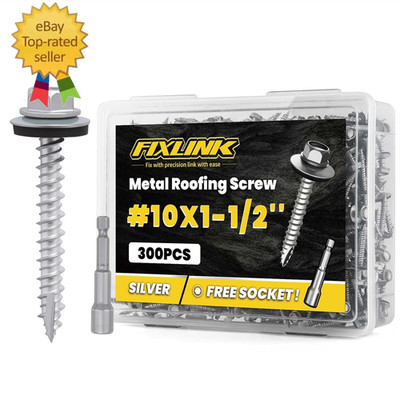 Metal Roofing Screws #10 X 1-1/2'', 300 PCS,  RUSPERT Hex Head Rubber Washer Shee