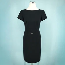 Escada 34 Size XS Black Boat Neck Short Sleeve Metal Detail Sheath Dress