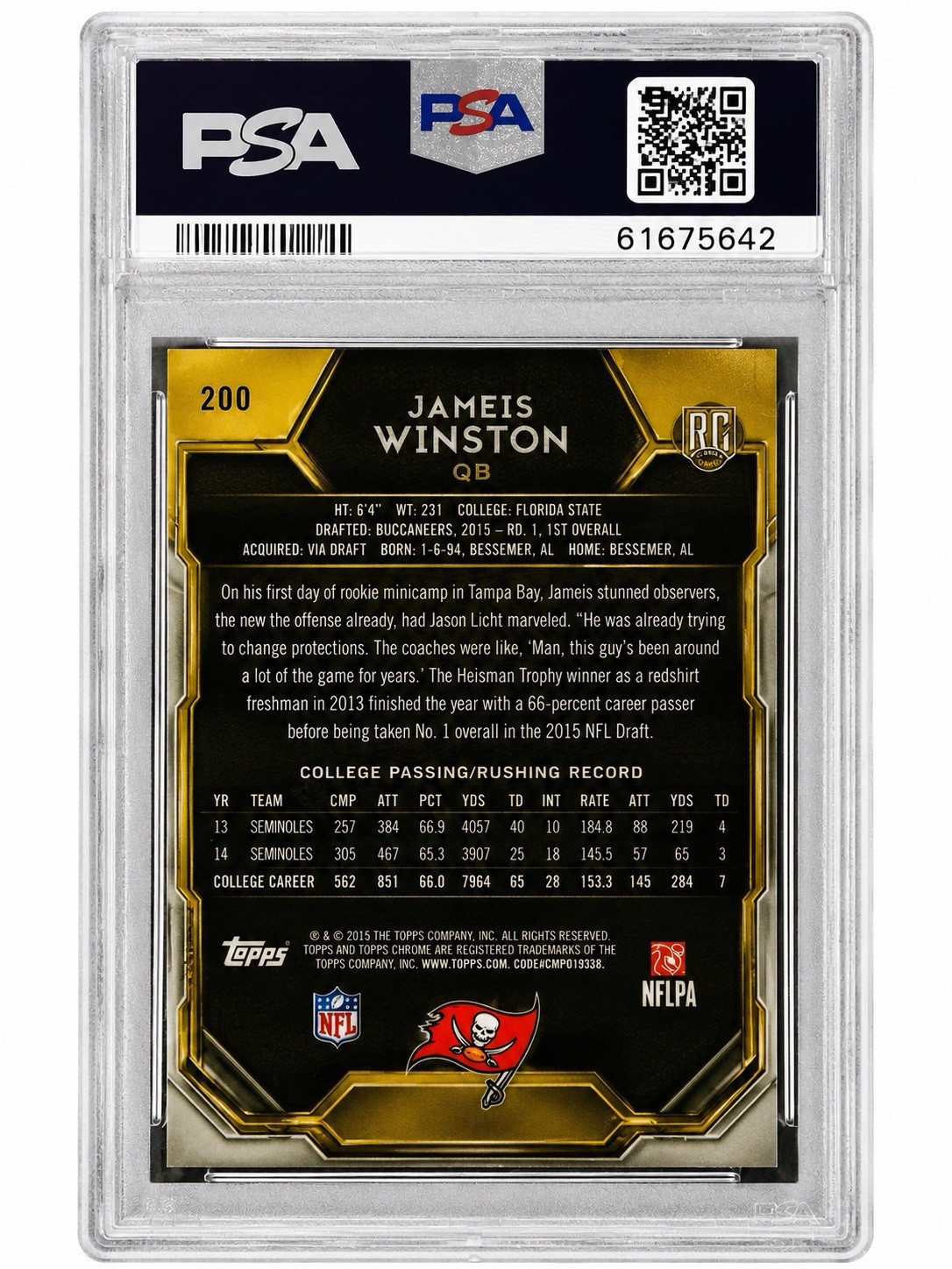 2015 Topps Chrome Jameis Winston #200 RC Gold Sepia  Auto /100 PSA 10 Low Pop view 2