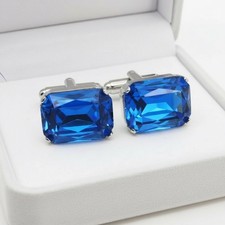 Blue Rectangular Topaz Cufflinks for Men Silver Tone Formal Wedding Gift