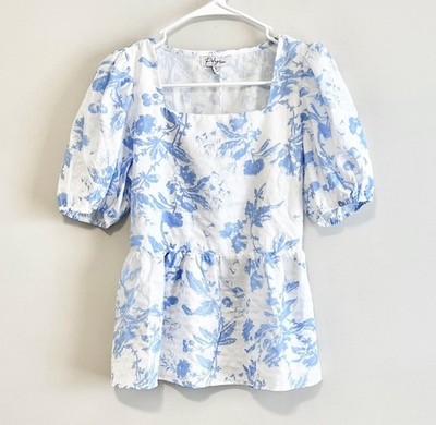 NWT Polygram Boutique Square Neck Puff Sleeve Peplum Floral Top Blue/White Small