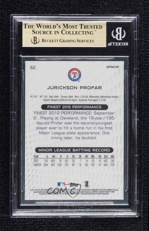 2013 Finest Orange Refractor /99 Jurickson Profar #62 BGS 9.5 GEM MINT Rookie RC - Image 2 of 2