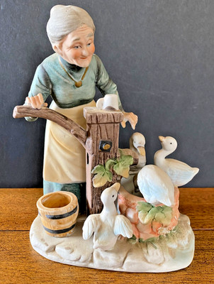 Vintage LEFTON Bisque Porcelain Figurine Old Woman Fetching Water With Ducks