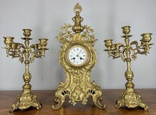 Mantel Clock Antique French Louis XV Rococo Revival Gilt Brass Set LOT 4644