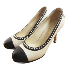 CHANEL Pumps Pearl Coco Mark Bicolor Round Toe 34.5 Ivory Black G31552