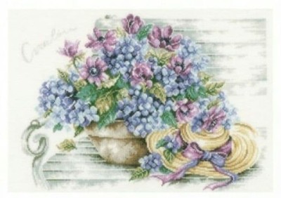 Lanarte Life Style Collection Rooster Cross Stitch Kit   Hydrangeas on a bench