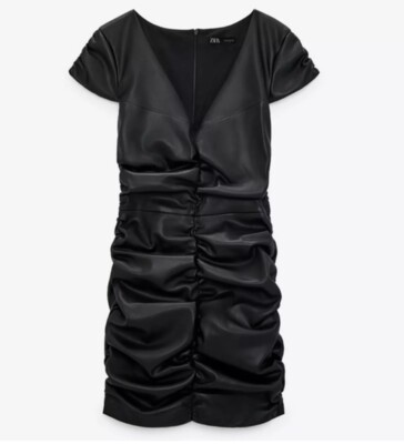 Zara Dress Mini Black Faux Leather Ruched V-Neck Short Sleeve XS New | eBay