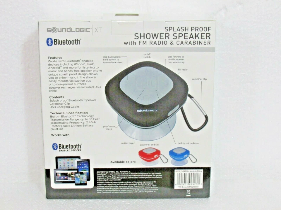 Sound Logic XT Wireless Bluetooth Shower Speaker w/ FM Radio & Carabiner Red NEW - Image 2 of 2