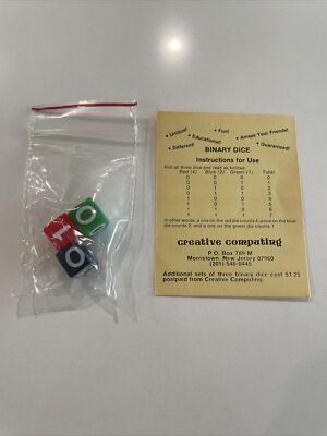 Vintage 3 Binary Dice Game Creative Computing 1 0 Made In USA Rare NOS CPU 80 s