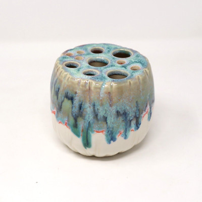 Clay Hive Drip Glaze Pottery Lotus Pod Vase Flower Frog Green Blue 3.5'' Tall