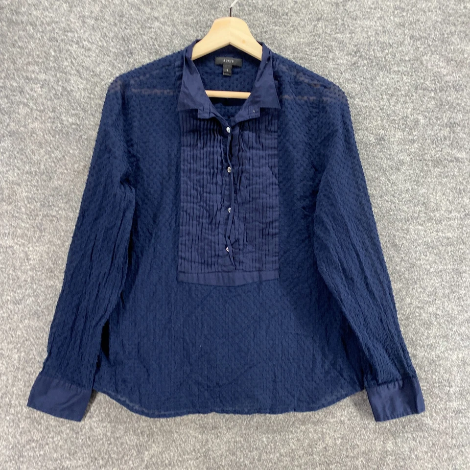 J. Blusa Crew Mujer 8 Azul Lunares 1/2 Botón Cuello Manga Larga Top Transparente Foto 4 de 4