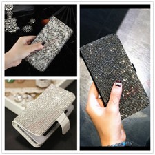Women Bling PU Leather Crossbody Card Wallet Magnetic Phone Rhinestone Case