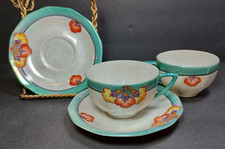 Green Lusterware Tea Cups and Saucers Flower Design Hand Painted Made in Japan