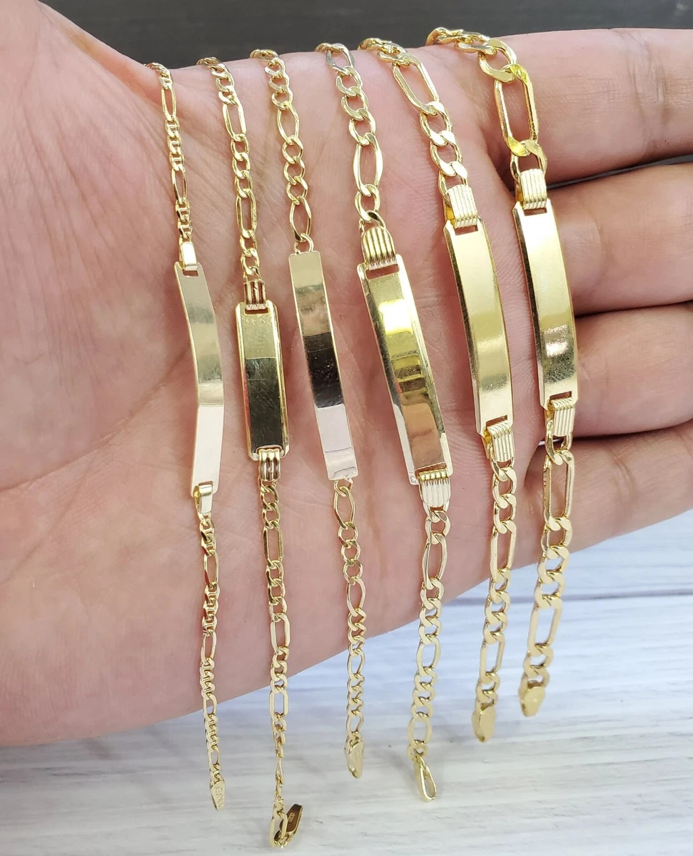 10K Yellow Gold Figaro Link Engravable Name ID Bracelet Kids Men