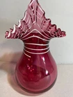 Fenton Cranberry Jack in the Pulpit Ruffled White Ribbon/Crest Vase 6 1/4"