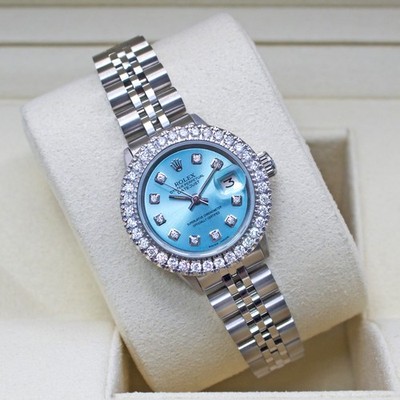 Rolex Datejust 26mm Auto Custom 2ct Dia Bezel/Markers Ice Blue Dial Jubilee Band