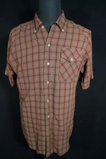 Vintage 1960's Brown  Green Plaid Rayon Gabardine Shirt Size Large Exc Cond