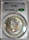 CACG MS-62 1890-P Morgan Silver Dollar, Gorgeous, Pastel-Rainbow Toning!