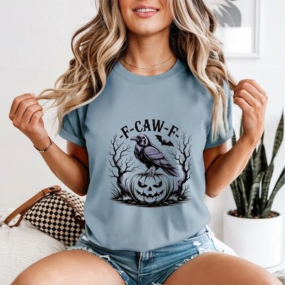 F-Caw-F - Halloween Rabe Kürbis Damen T-Shirt Spooky Birds Tee -c