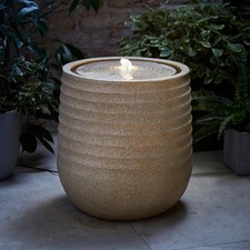 Solar Power Water Fountain Feature LED Light Natural Round Ribbed Outdoor Garden