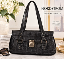 Vintage Nordstrom Black Croc Embossed Leather Shoulder Bag Y2K Baguette Silver