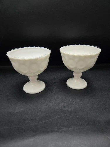 Vintage Sherbert Ice Cream Bowls Milk Glass Set of 2 Thumbprint Pattern 4"