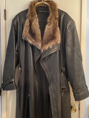 Vintage Pelle Pelle Leather Trench Coat Jacket Marc Buchanan 44 Fur Trim