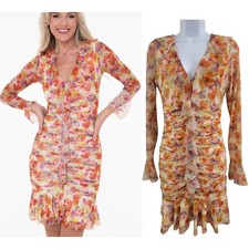 GUESS Floral Mesh Ruched Ruffle Midi Dress Women’s Medium Orange Pink Y2K