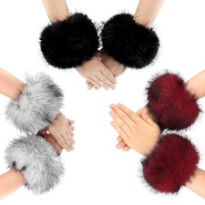 3 Pairs Faux Fur Wrist Cuffs Winter Furry Arm Warmers for Black Dg Red