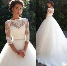 Elegant A-Line Wedding Dresses O-Neck 3/4 Sleeves Lace Appliques Bridal Gowns