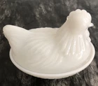 Vtg Hen on Nest Chicken on basket Hazel Atlas white milk glass candy nut dish