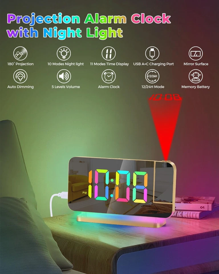 SZELAM Projection Alarm Clock LED Mirror Digital with RGB Night Light - Image 2 of 4