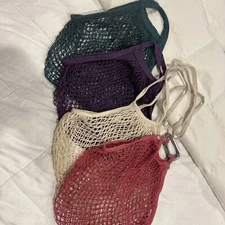 4 Reusable Cotton Mesh Grocery Shopping Tote Bag Crochet Net Market Strap Purple
