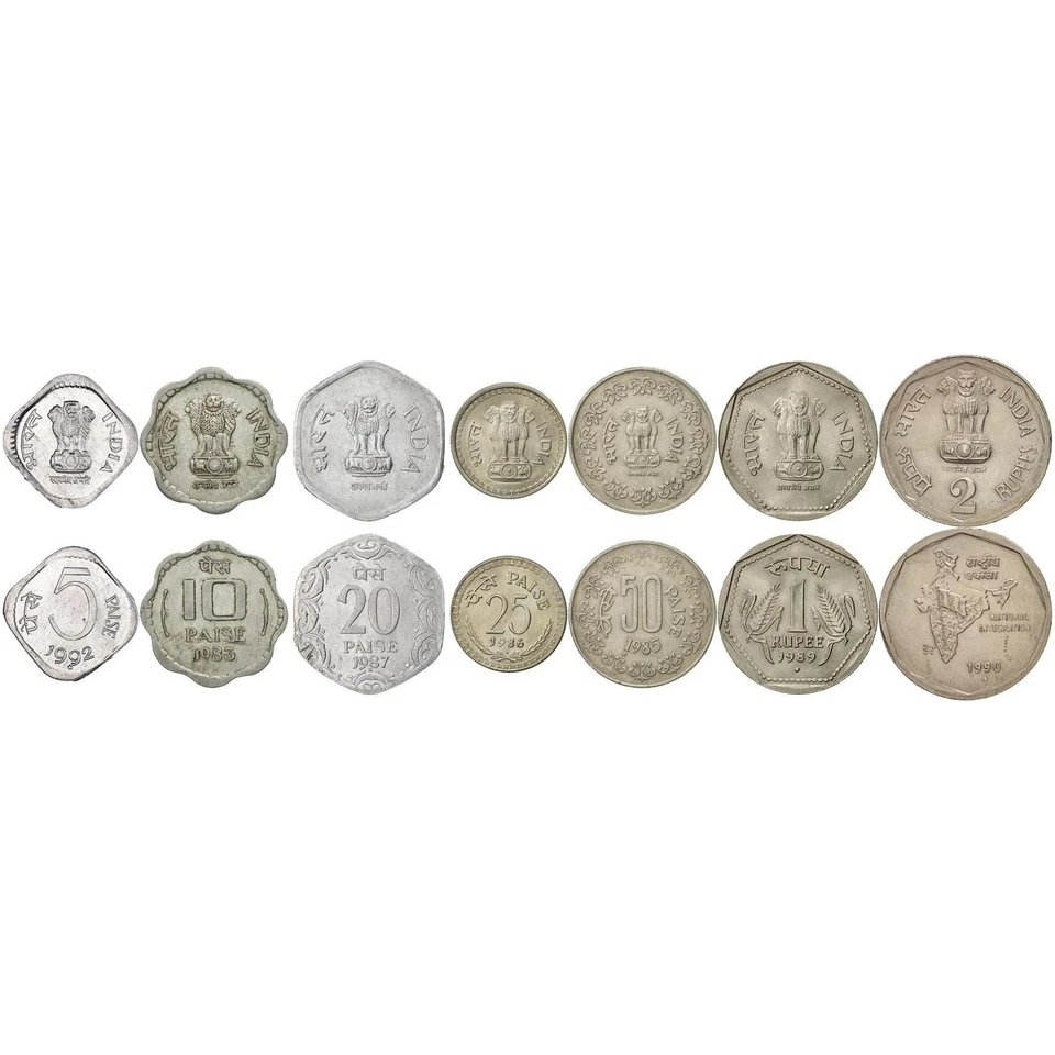 India | 7 Coin Set | 5 10 20 25 50 Paise 1 Rupee 2 Rupees | 1982 - 1994 - Image 2 of 3