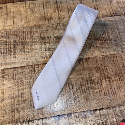 Oscar De La Renta Mens Neck Tie Polyester Silk Blend Beige Blue Stripes Vintage