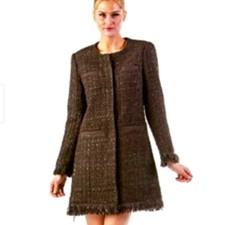 Paris Vertigo Tweed Wool Coat Sz Small Metallic Boucle Fringed France Preppy