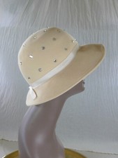 MICHELLE vintage 70s ivory wool felt HAT  RHINESTONE studded crown