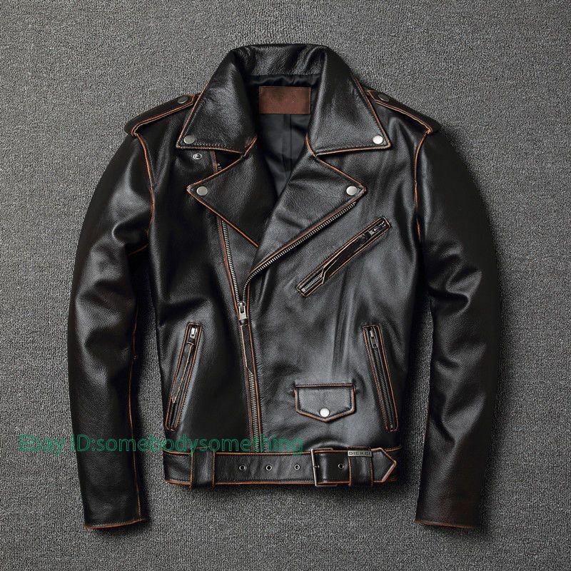 Vintage Mens Real Leather Motorcycle Short Jacket Lapel Collar